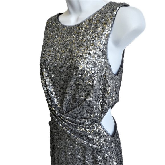 Heavy Silver Sequin Ruched  Evening Gown Betsy & Adam Elegant Trumpet Skirt USA - Picture 3 of 11